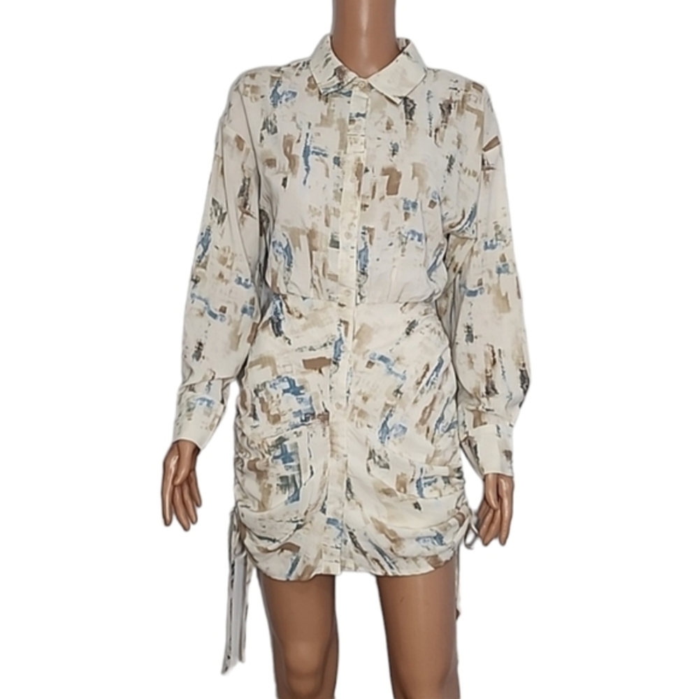 LE LIS Ruched Dress Long Sleeve Buttons Front Beige/Blue Size Small